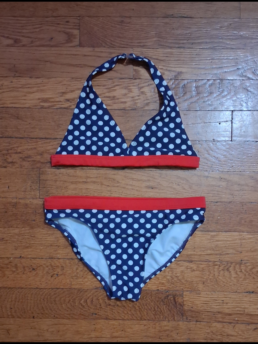 OP Navy and White Polka Dot Bikini with Red Trim